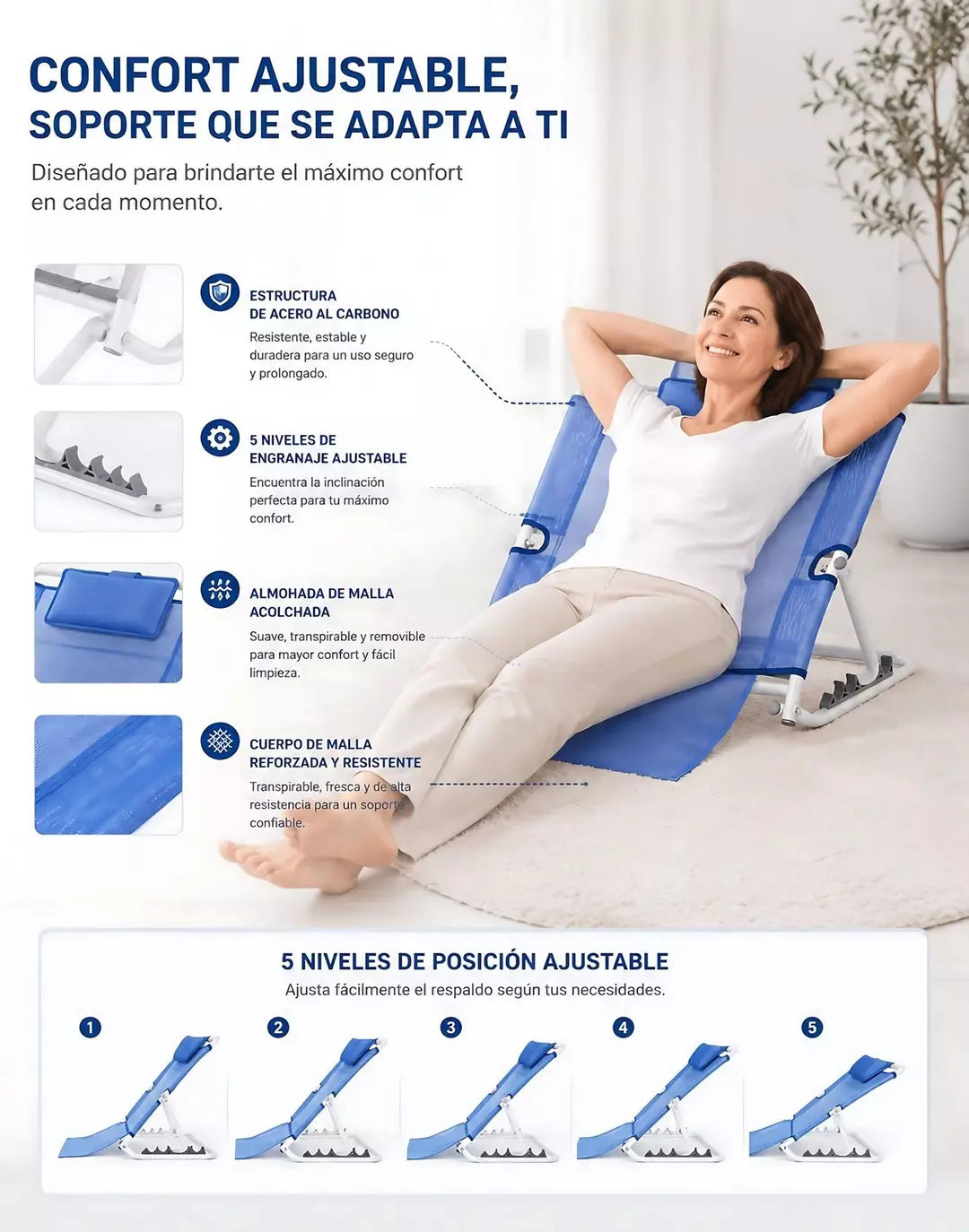 Respaldo para cama Soledad ajustable portátil azul
