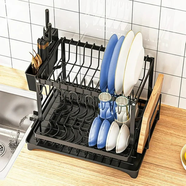 Escurridor de Platos y Cubiertos con Drenaje Automático y Porta Vasos