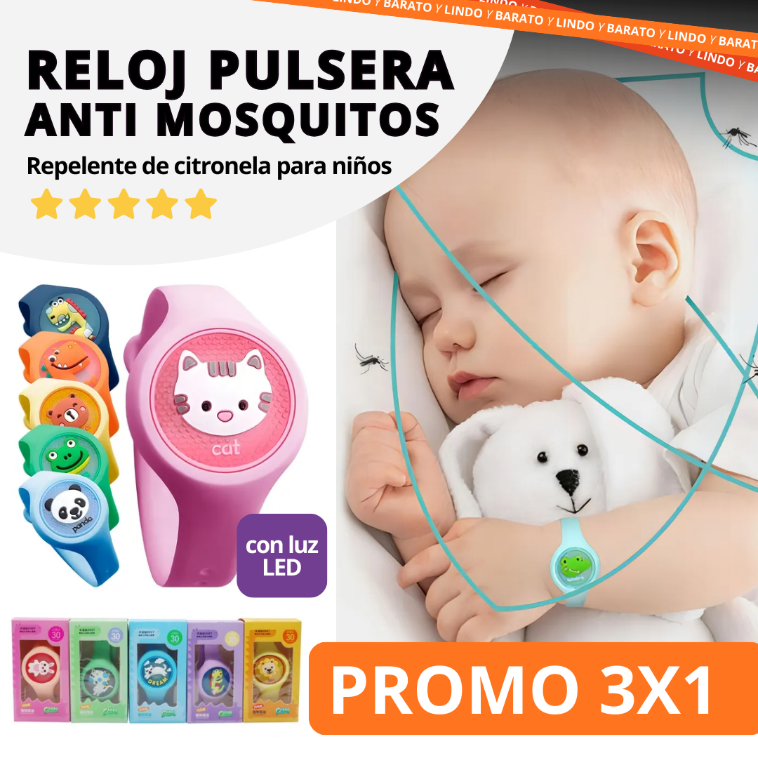 PROMO 3X1 🦟 Reloj Pulsera Anti Mosquitos - Repelente de citronela para niños