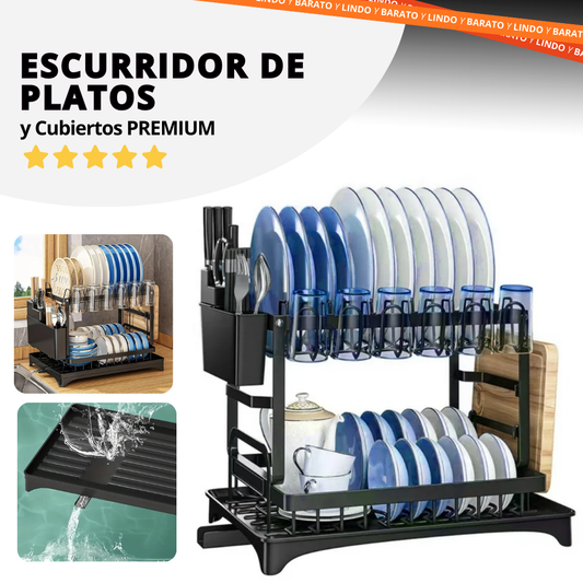 Escurridor de Platos y Cubiertos con Drenaje Automático y Porta Vasos